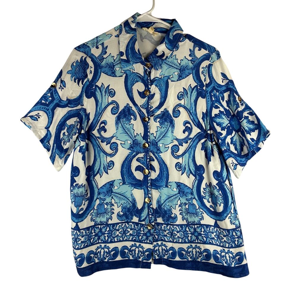 Haute Hippie Button Up Short Sleeve Blouse Women Small Rayon Blue White Majolica